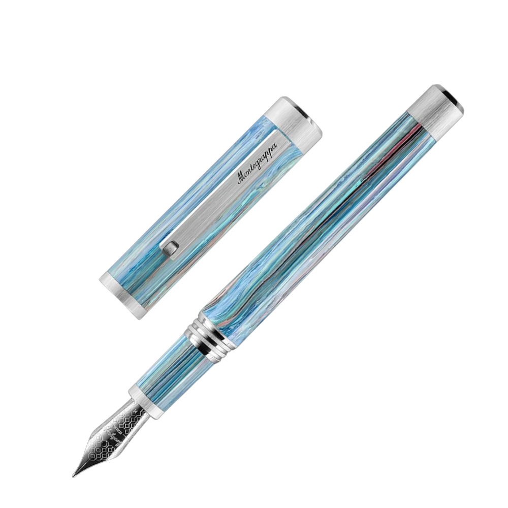 Montegrappa Zero Zodiac Taurus Palladium IP Steel Fountain Pen, close-up of the nib with palladium accents.