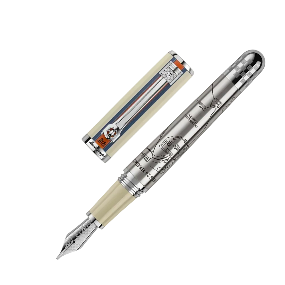 Montegrappa fountain pen placed beside its elegant packaging.