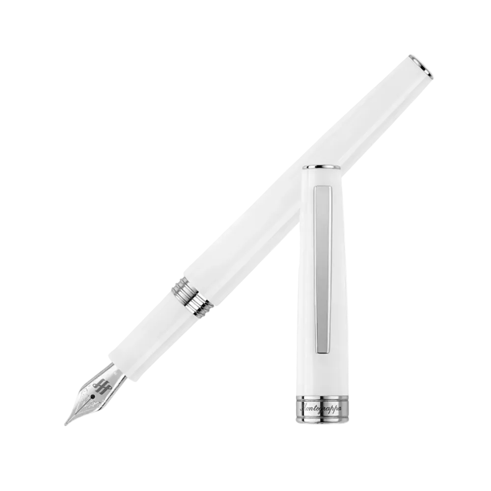 Montegrappa Fountain Pen in white with sleek design and silver accents.