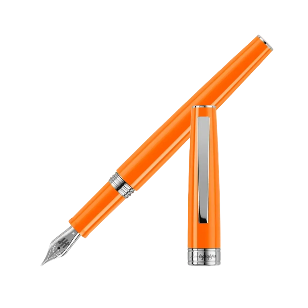 Montegrappa Fountain Pen in vibrant orange with sleek design and silver accents.