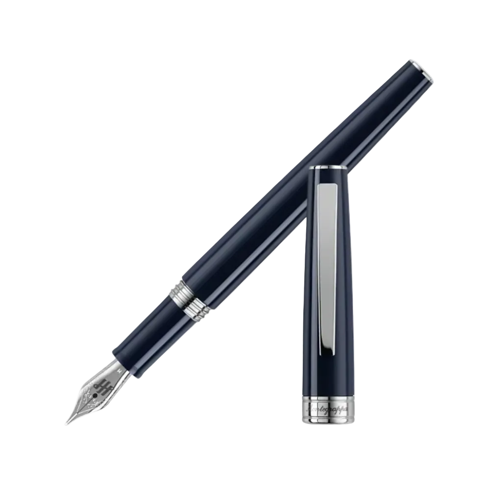 Montegrappa Fountain Pen in deep blue with sleek design and silver accents.