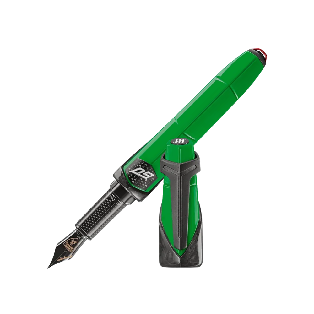 Montegrappa Automobili Lamborghini 60° Füllfederhalter mit schwarzem Aluminiumgehäuse und Carbonfaser-Akzenten.
