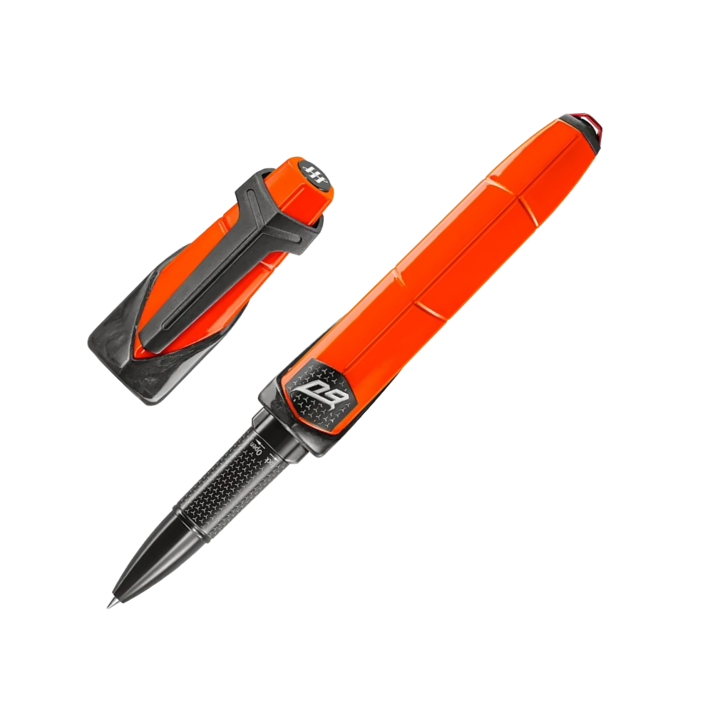 Side view of the Montegrappa Automobili Lamborghini 60° Arancio Apodis Rollerball Pen, emphasizing its carbon fiber details and ergonomic shape.