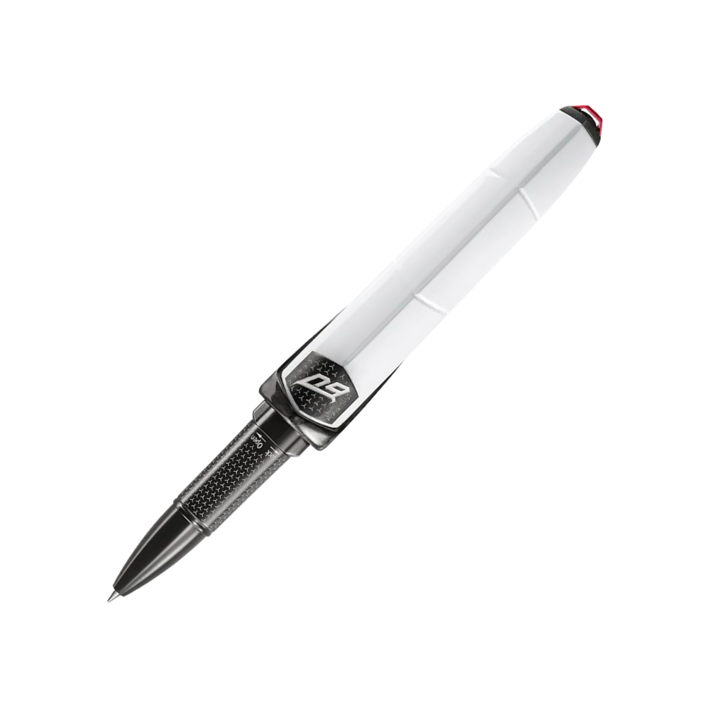 Side view of the Montegrappa Automobili Lamborghini 60° Bianco Siderale Rollerball Pen, emphasizing its ergonomic shape and carbon fiber details.