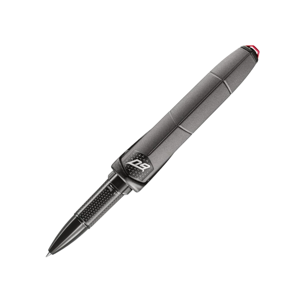 Montegrappa Automobili Lamborghini 60° Grigio Titans Rollerball Pen displayed in premium packaging, highlighting its luxurious look.