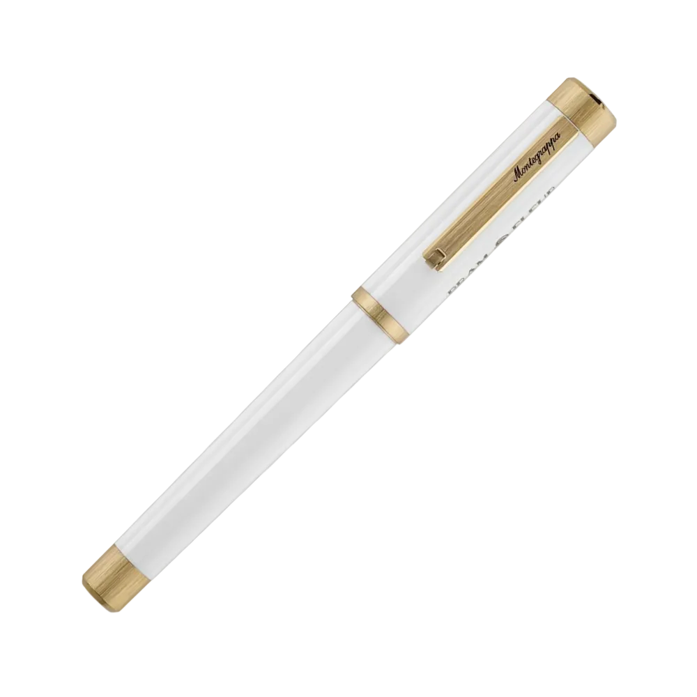 Side view of Montegrappa Day Zero fountain pen with gold accents and classic design.