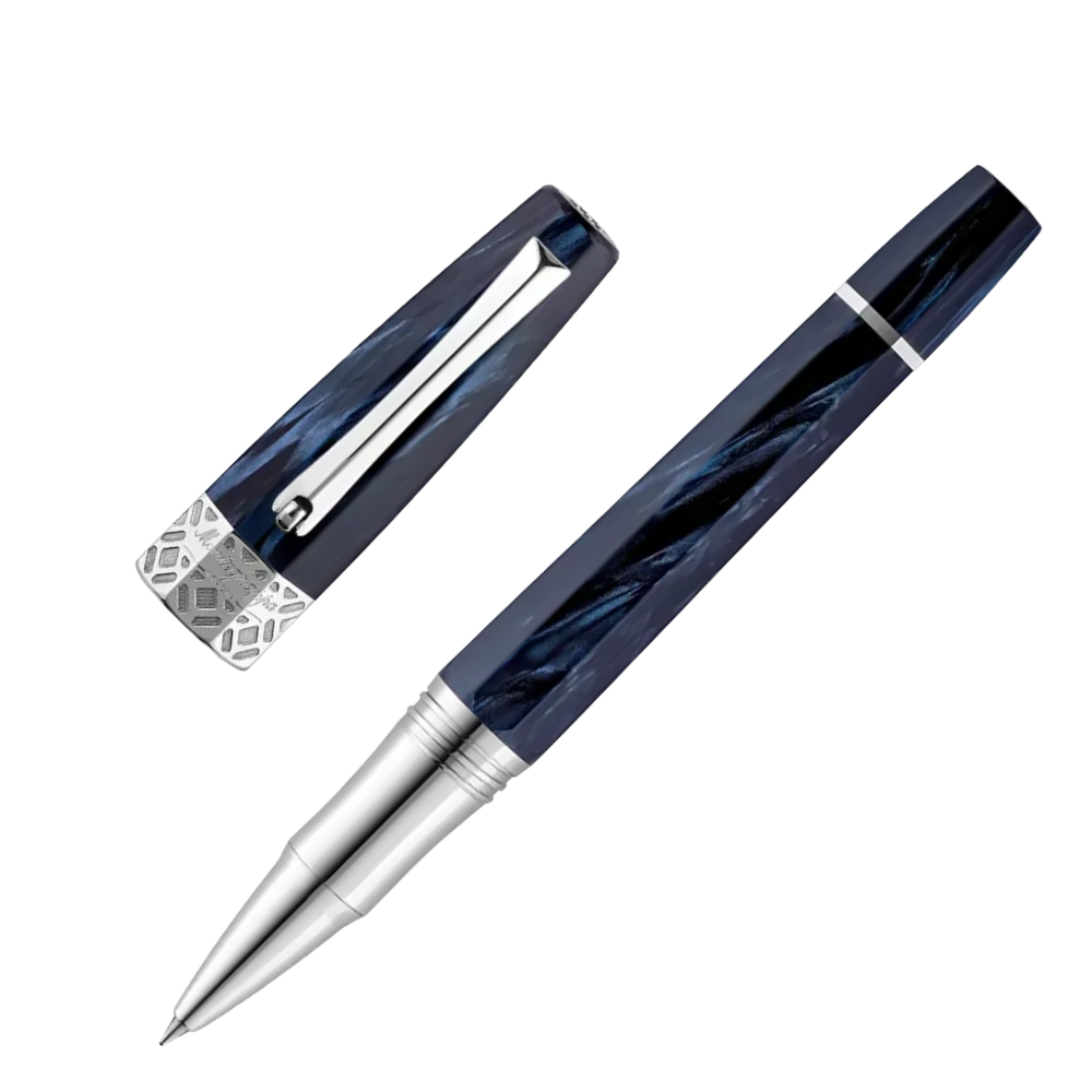 Montegrappa Extra Otto Dark Blue Rollerball Pen, Nahaufnahme der Kappe und Spitze