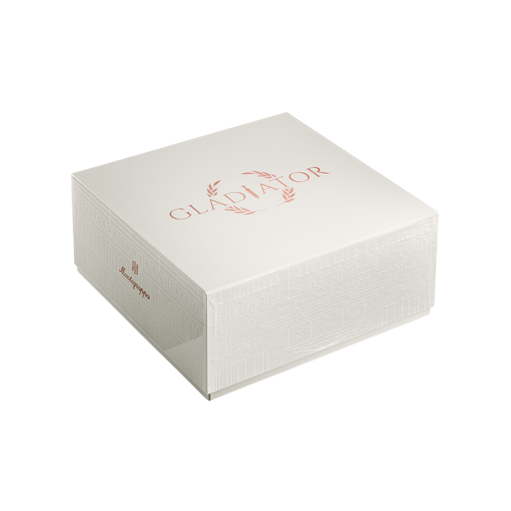 Montegrappa Gladiator Sterling Silver Füllfederhalter with a dramatic warrior design, resting in an elegant gift box.