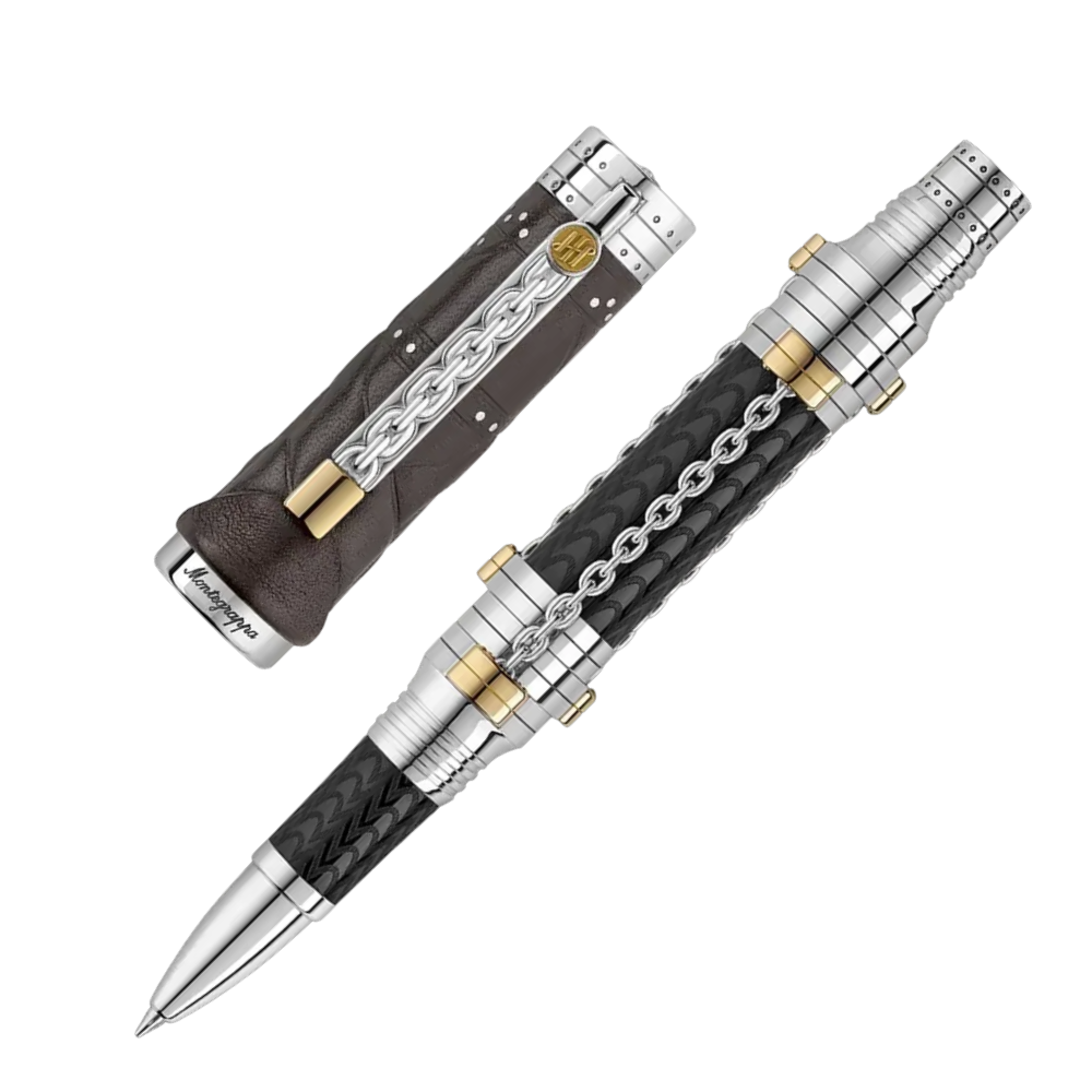Montegrappa Harry Houdini Rollerball Pen, edles Design mit Vermeil, Kalbsleder und Sterlingsilber, ausgestattet mit Rollersystem.
