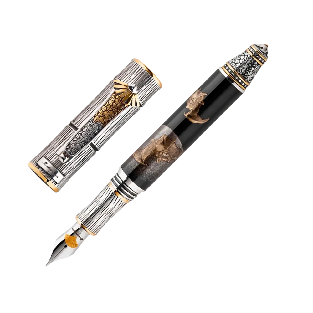 Side view of the Montegrappa Kitcho Bat Füllfederhalter, featuring sterling silver accents and a carefully detailed bat motif.