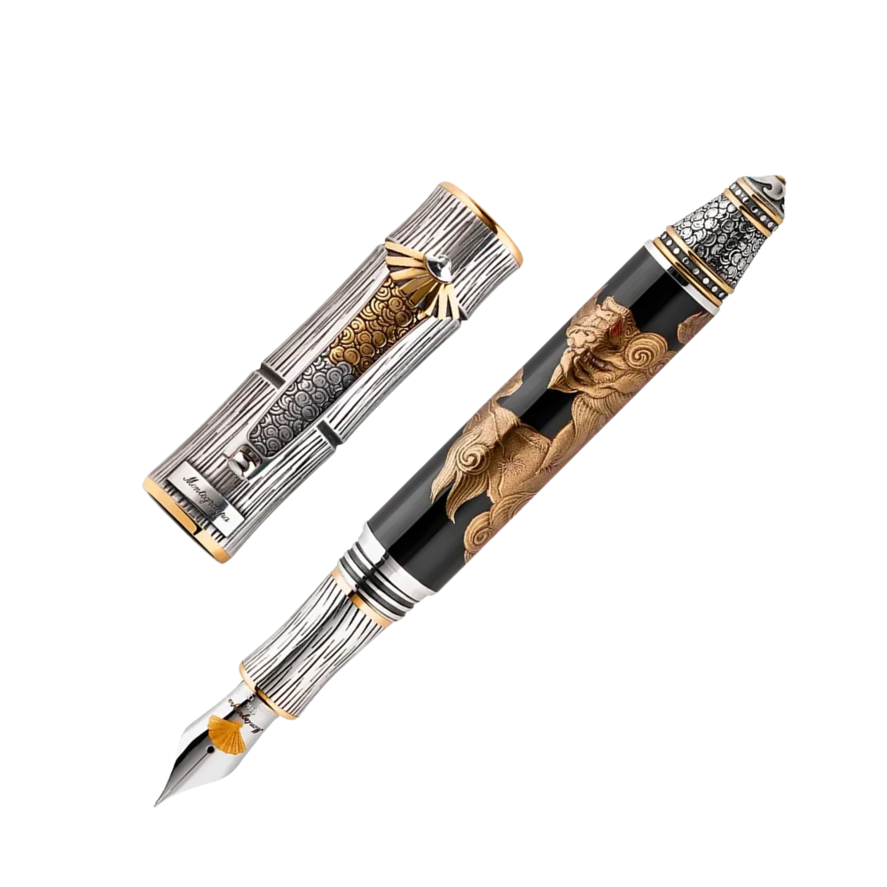 Side view of the Montegrappa Kitcho Pen Füllfederhalter, showcasing its sterling silver accents and beautiful resin barrel.