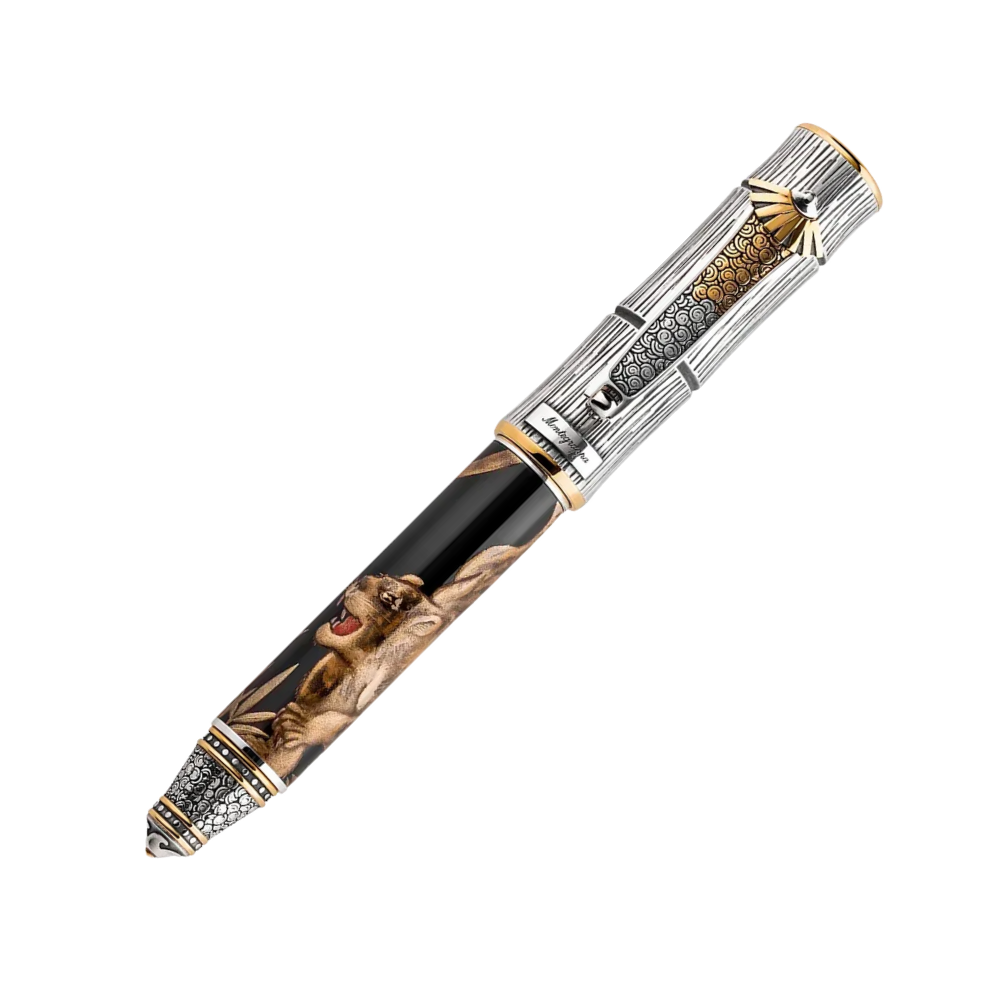 Montegrappa Kitcho Tiger Füllfederhalter with detailed resin design and sterling silver trim, showcasing an intricate tiger engraving.