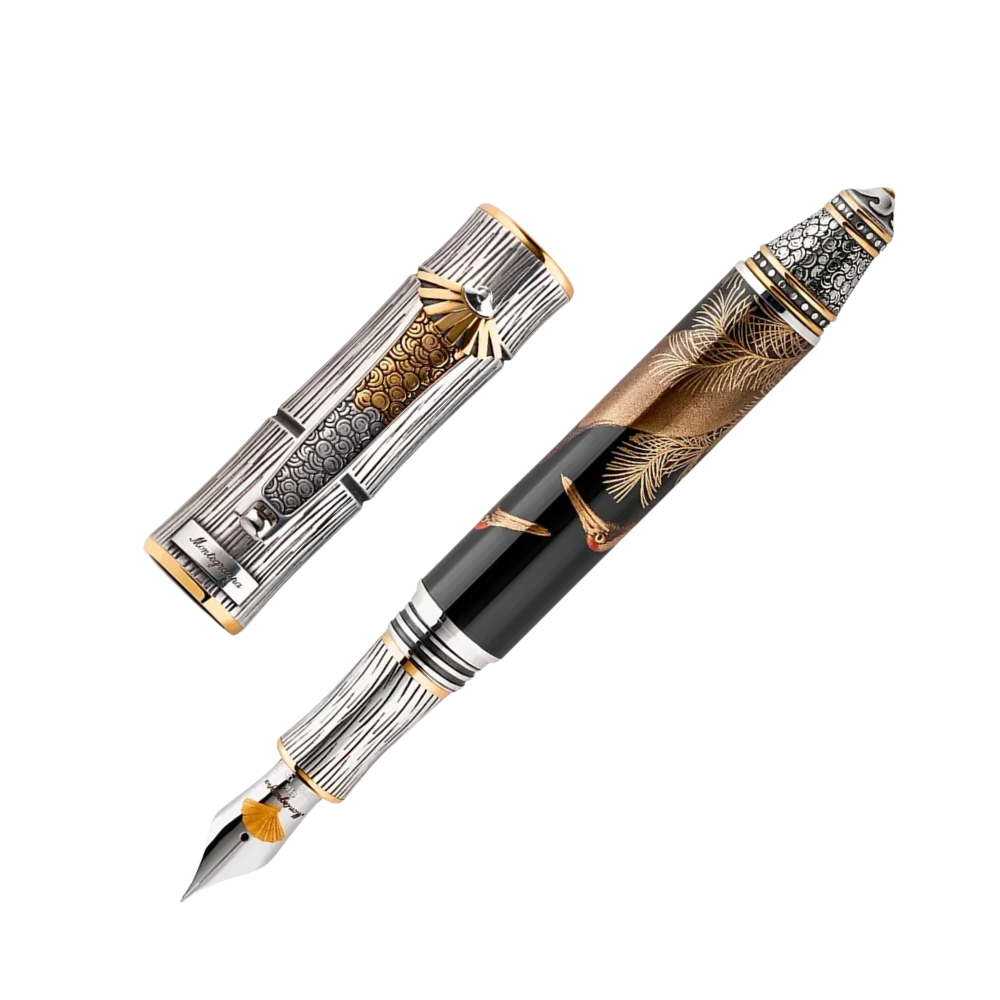 Side view of the Kitcho Crane Fountain Pen, featuring sterling silver accents and a beautifully detailed crane motif.