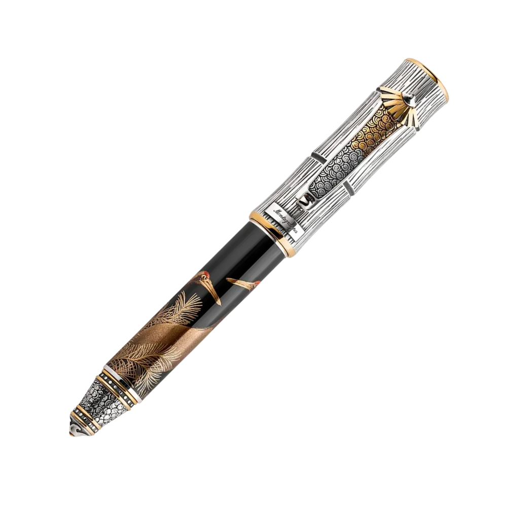 Kitcho Crane Fountain Pen with detailed resin body and sterling silver trim, showcasing an elegant crane design.