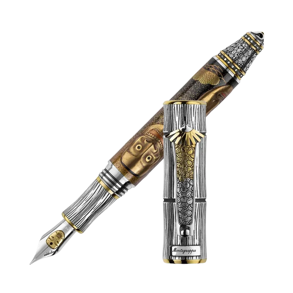 Montegrappa Kitcho Noh Masks Füllfederhalter, kunstvolles Design aus Resin, Emaille und Sterlingsilber.