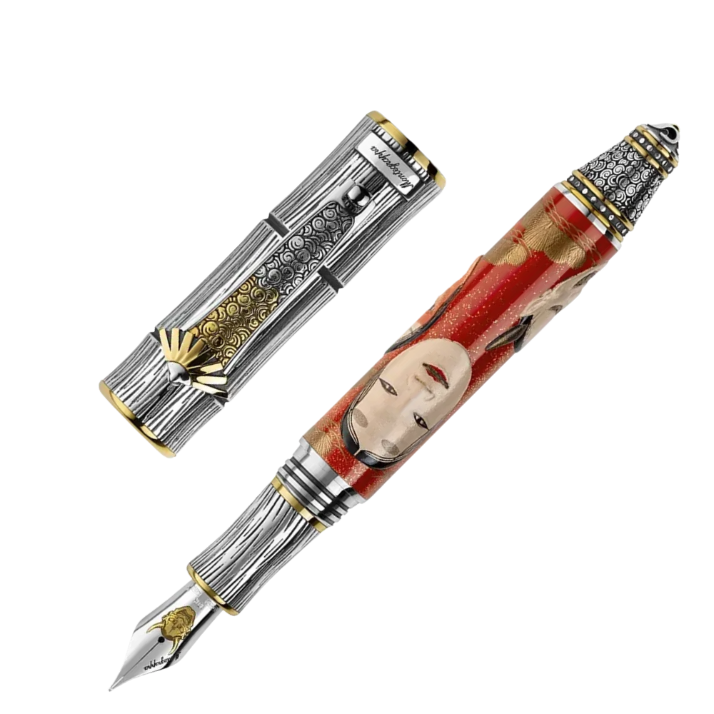Side view of the Kitcho Noh Masks Fountain Pen, Woman, showcasing the combination of sterling silver accents and the vibrant enamel details.