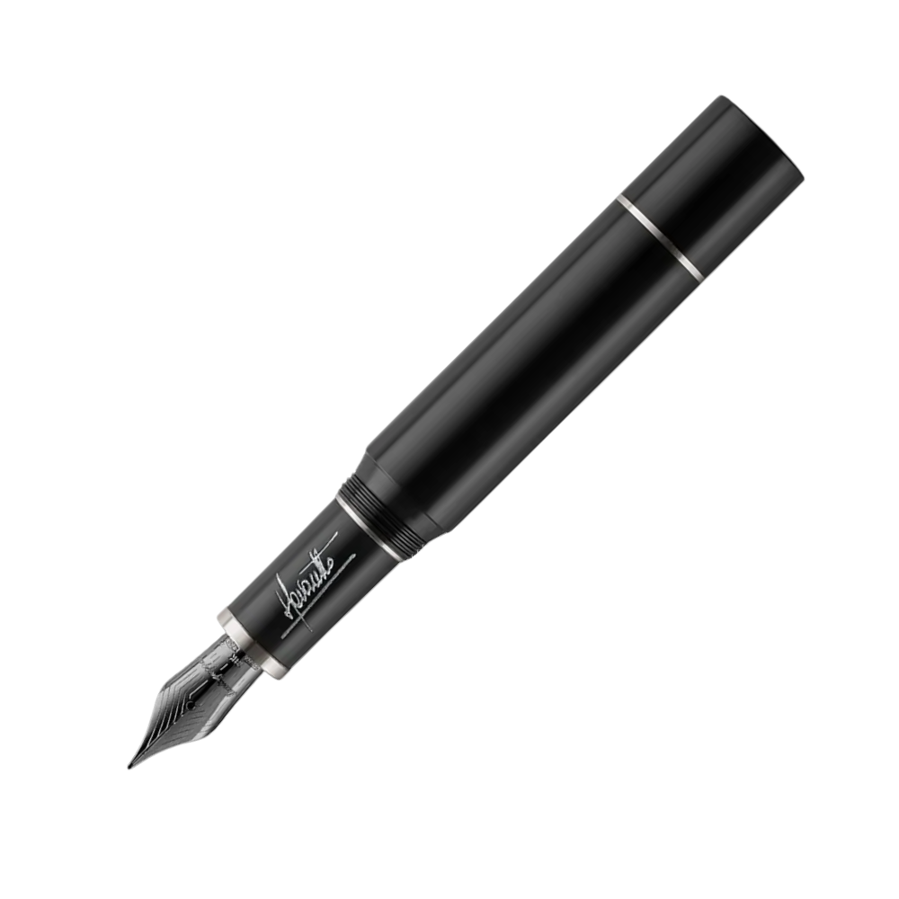 Montegrappa Füllfederhalter in Schwarz, elegantes Design mit Gelbgoldakzenten und Kolbenfüllsystem.