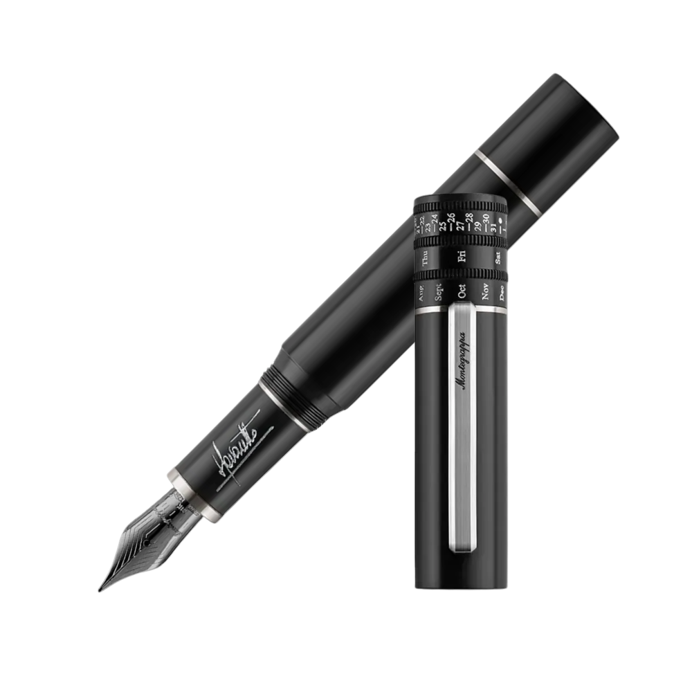 Montegrappa Füllfederhalter in elegantem Schwarz mit gelbgoldener Verzierung und hochwertiger Feder.