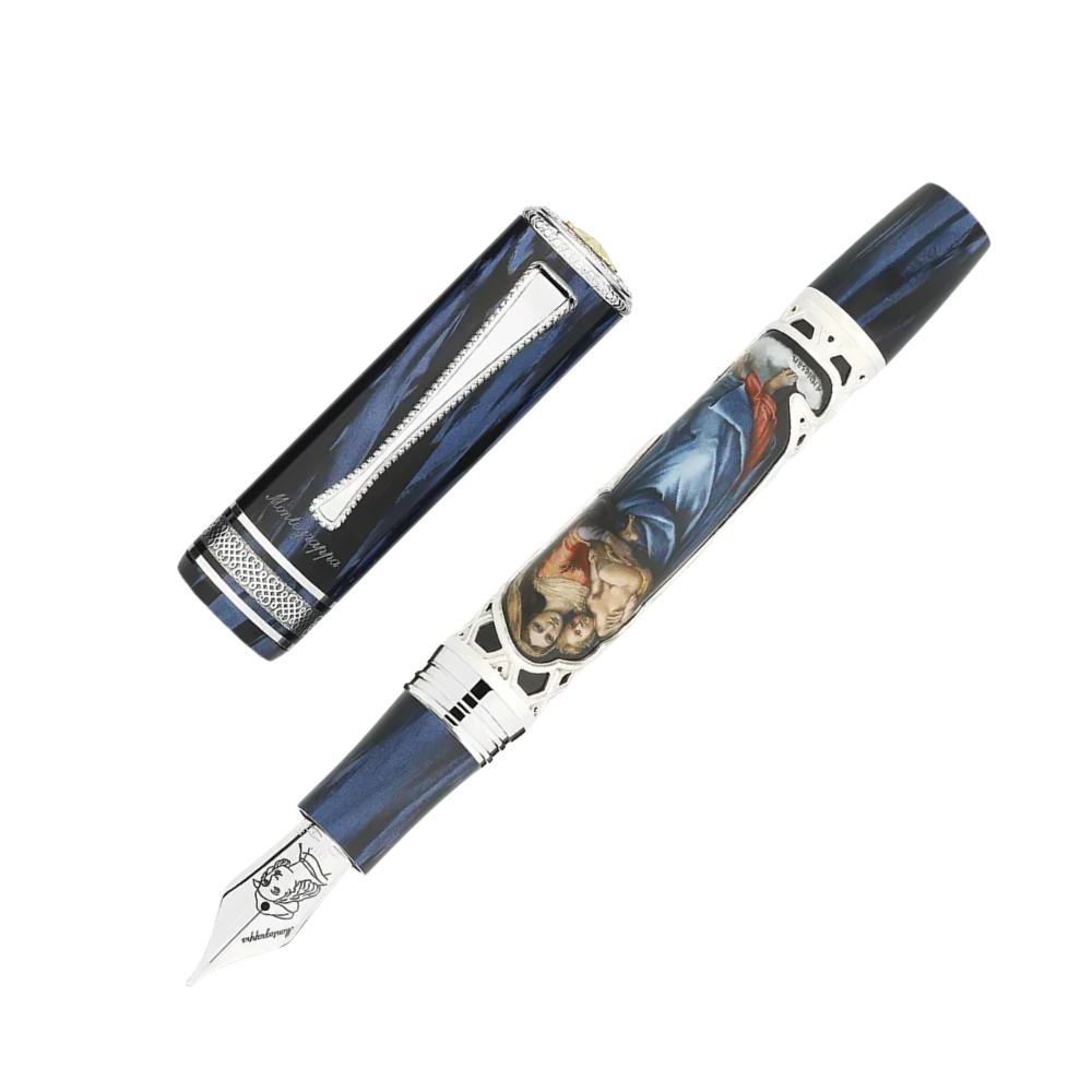 Side view of the Montegrappa Raffaello 500th Anniversary Saint Catherine of Alexandria Füllfederhalter with sterling silver trim and fine detailing.