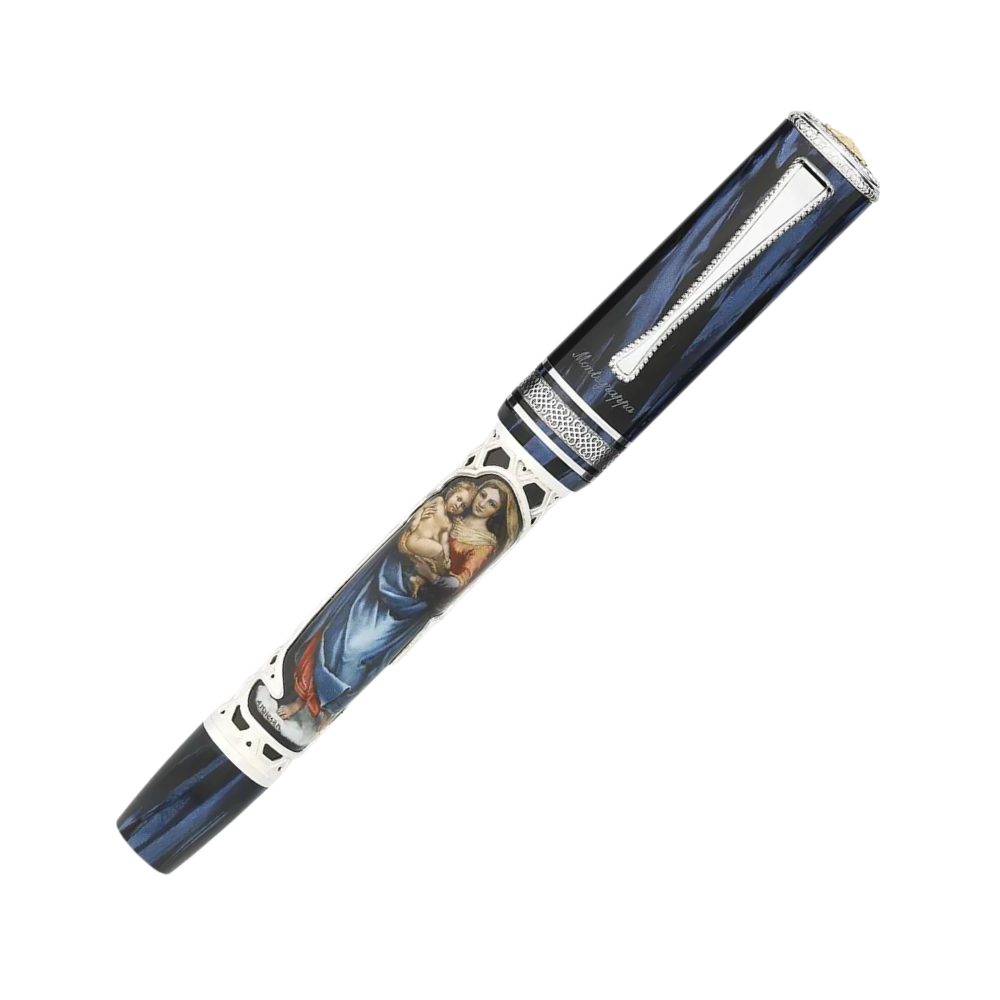 Close-up view of the Montegrappa Raffaello 500th Anniversary Saint Catherine of Alexandria Füllfederhalter, showcasing the intricate artwork and 18k gold nib.