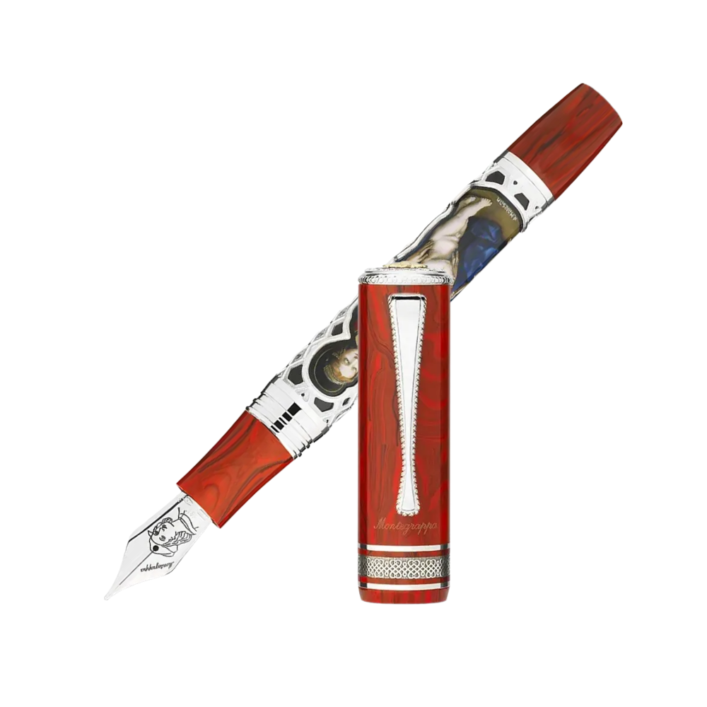 Montegrappa Raffaello 500th Anniversary Saint Catherine of Alexandria Füllfederhalter featuring a detailed sterling silver and celluloid design.