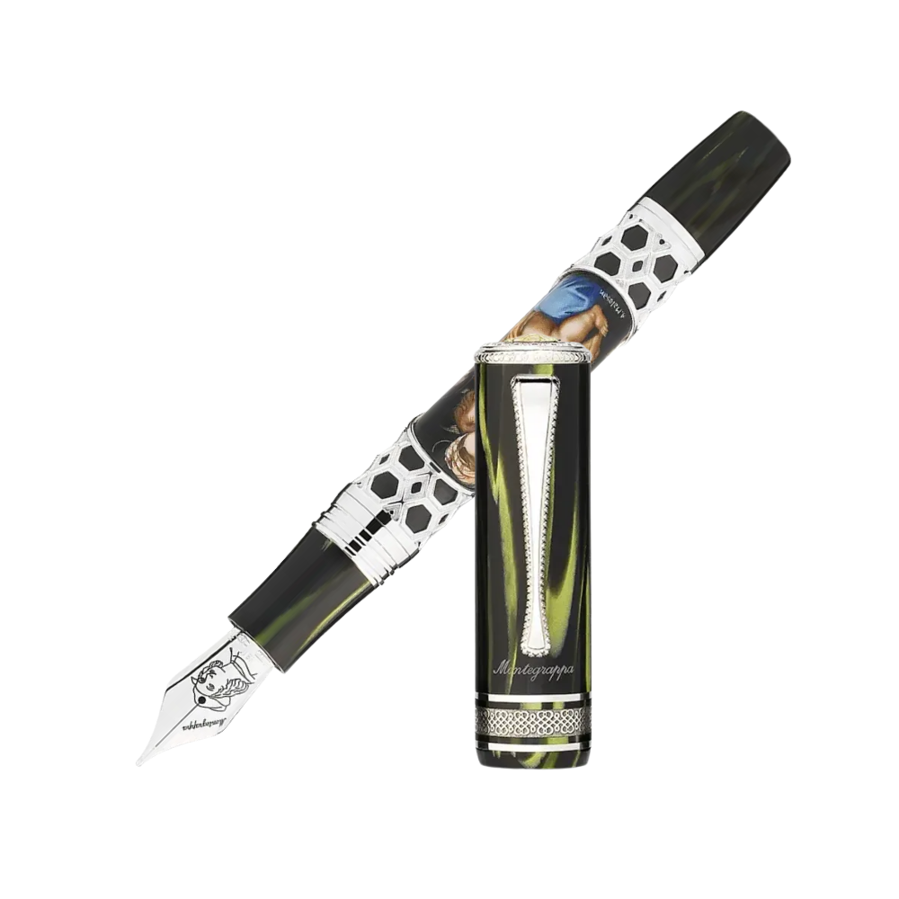Montegrappa Raffaello 500th Anniversary Madonna della Seggiola Füllfederhalter featuring intricate sterling silver trim and celluloid body.