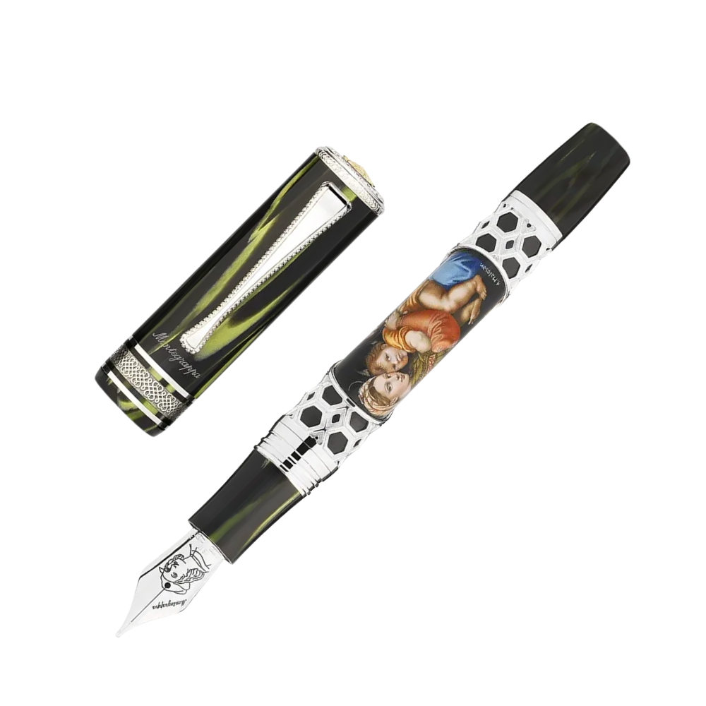Side view of the Montegrappa Raffaello 500th Anniversary Madonna della Seggiola Füllfederhalter with sterling silver trim and vibrant artwork.