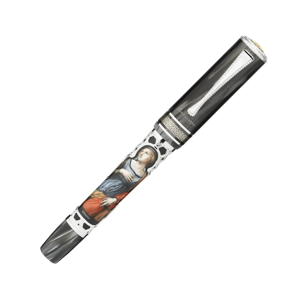 Side view of the Montegrappa Raffaello 500th Anniversary Saint Catherine of Alexandria Füllfederhalter with sterling silver trim and fine detailing.