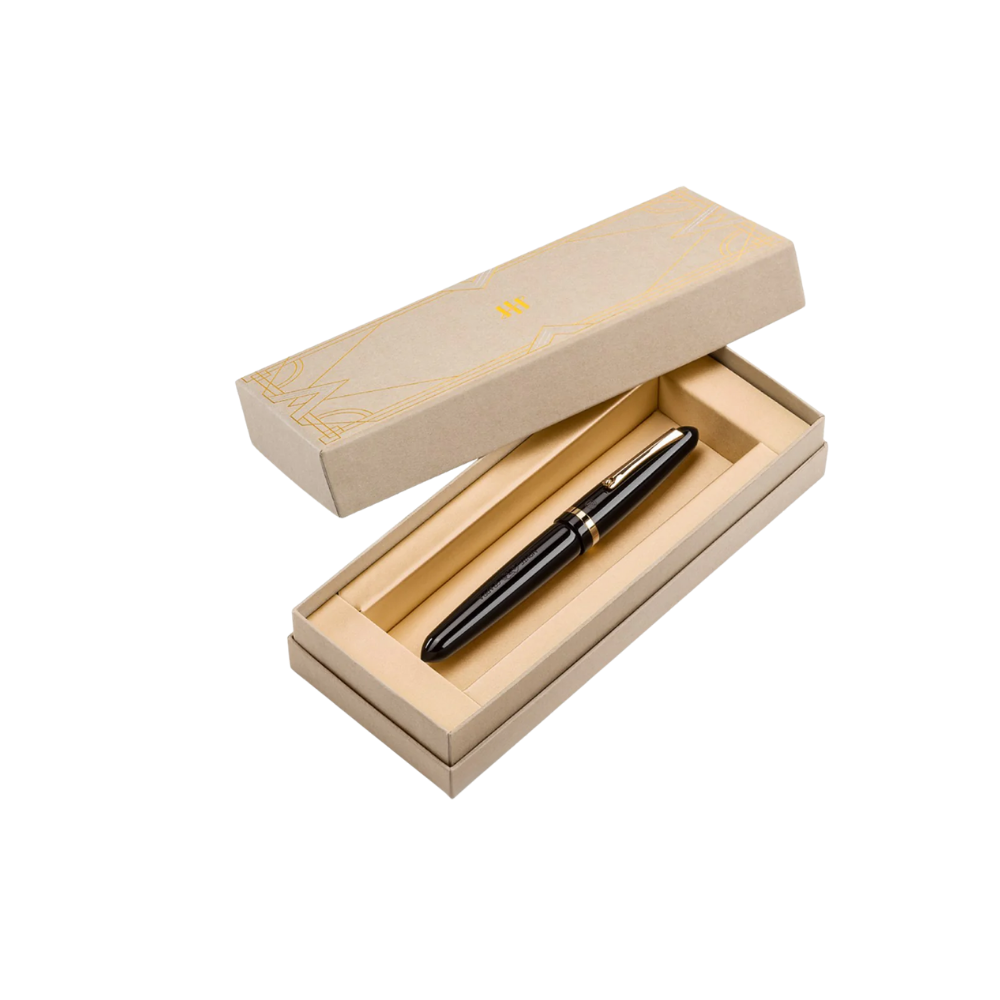 Montegrappa Venetia Black Steel Fountain Pen displayed inside a premium gift box.