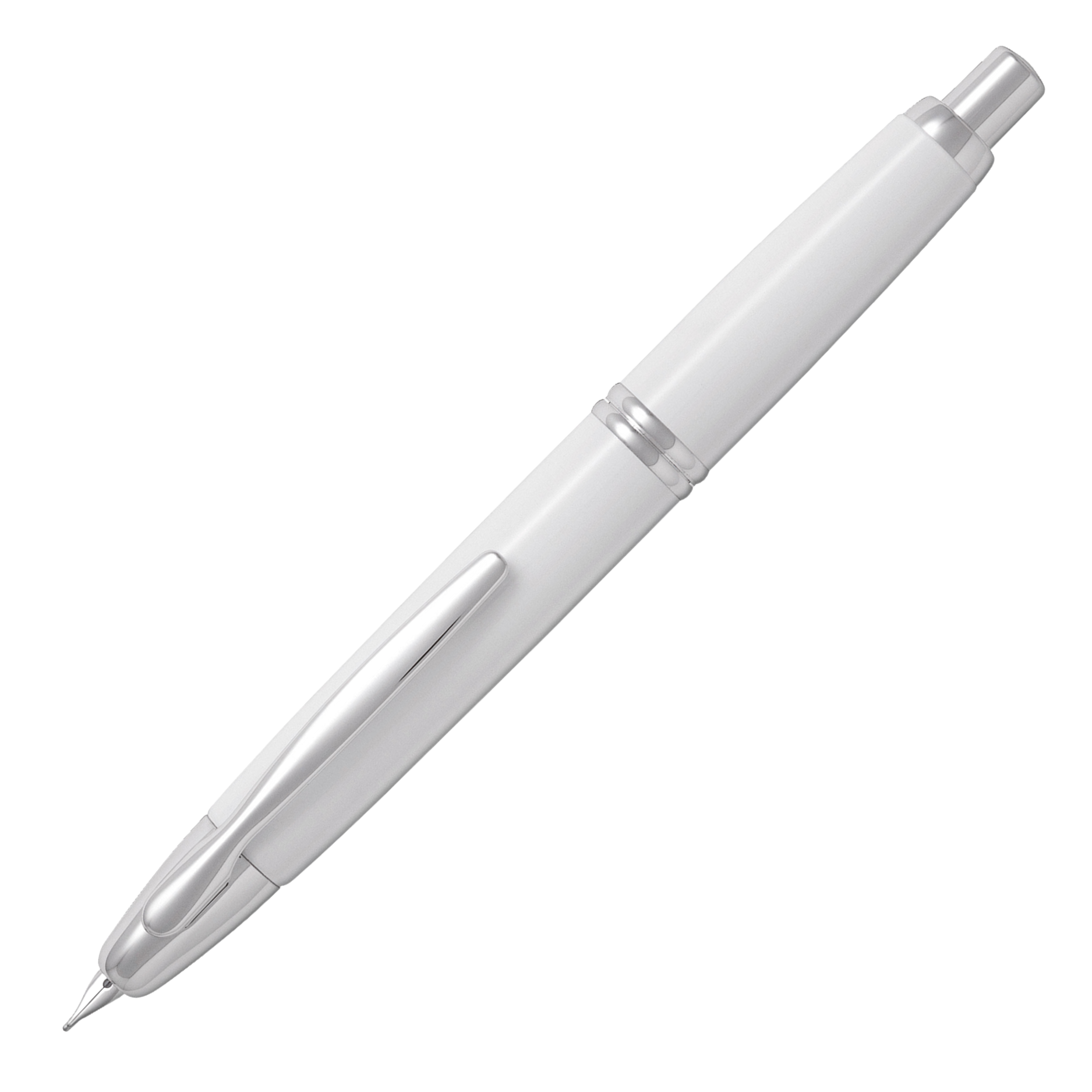"Pilot Capless Rhodium Füllfederhalter in Weiß mit glänzender Oberfläche und Rhodium-Akzenten, 18K Goldfeder und praktischer Klickmechanismus"