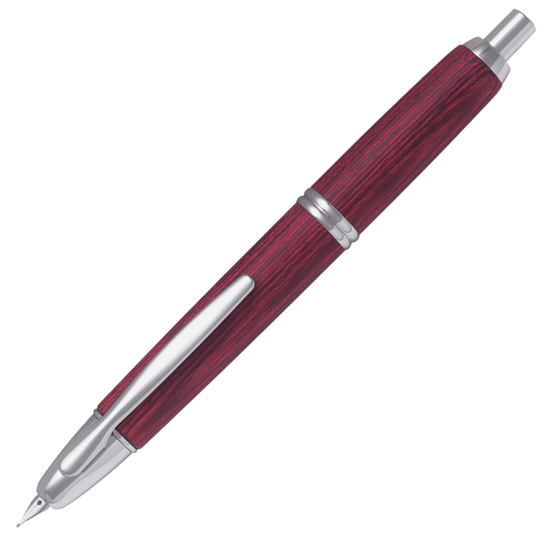 "Pilot Capless Rhodium Füllfederhalter mit Holzoberfläche in Rot, silberne Akzente und 18K Goldfeder, praktischer Klickmechanismus"