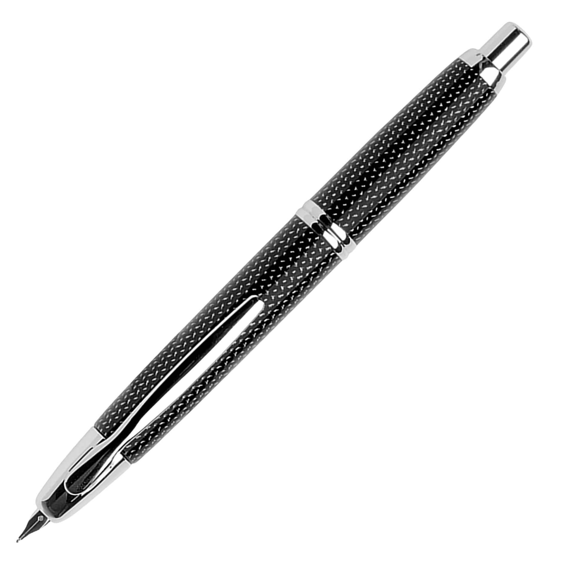 "Pilot Capless Rhodium Füllfederhalter in Schwarz mit Rillenstruktur und silbernen Akzenten, 18K Goldfeder und praktischer Klickmechanismus"