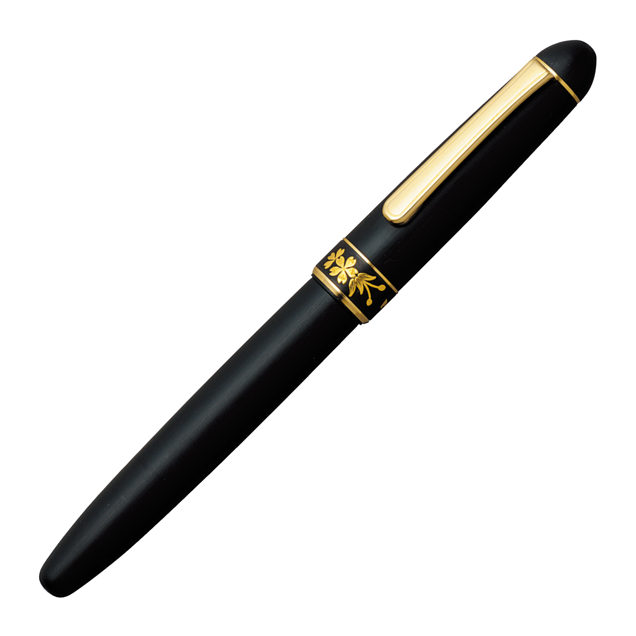"Pilot Capless Rhodium fountain pen with a matte black body and gold accents, featuring a floral gold band near the cap."