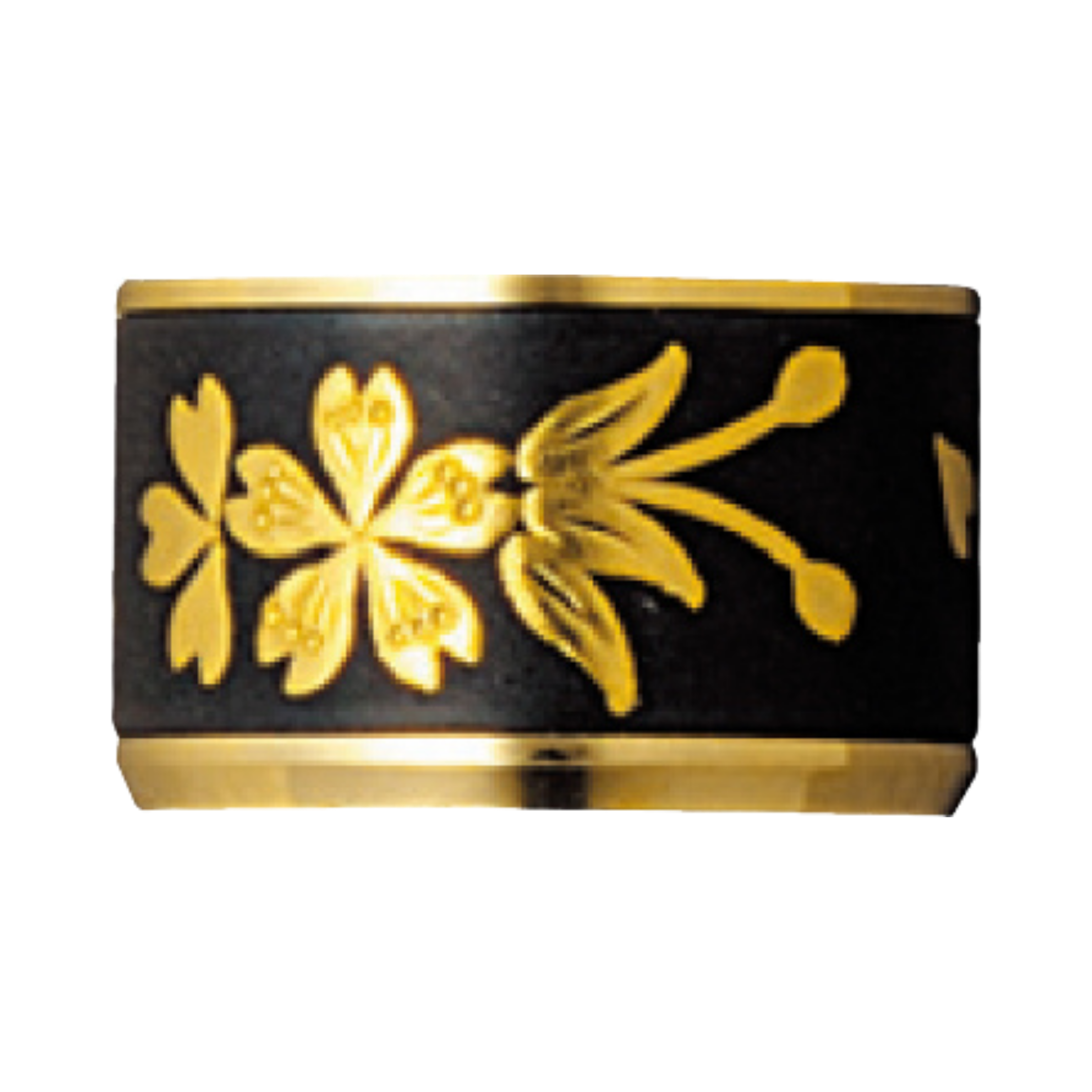 "Pilot Capless Rhodium fountain pen with a matte black body and gold accents, featuring a floral gold band near the cap."
