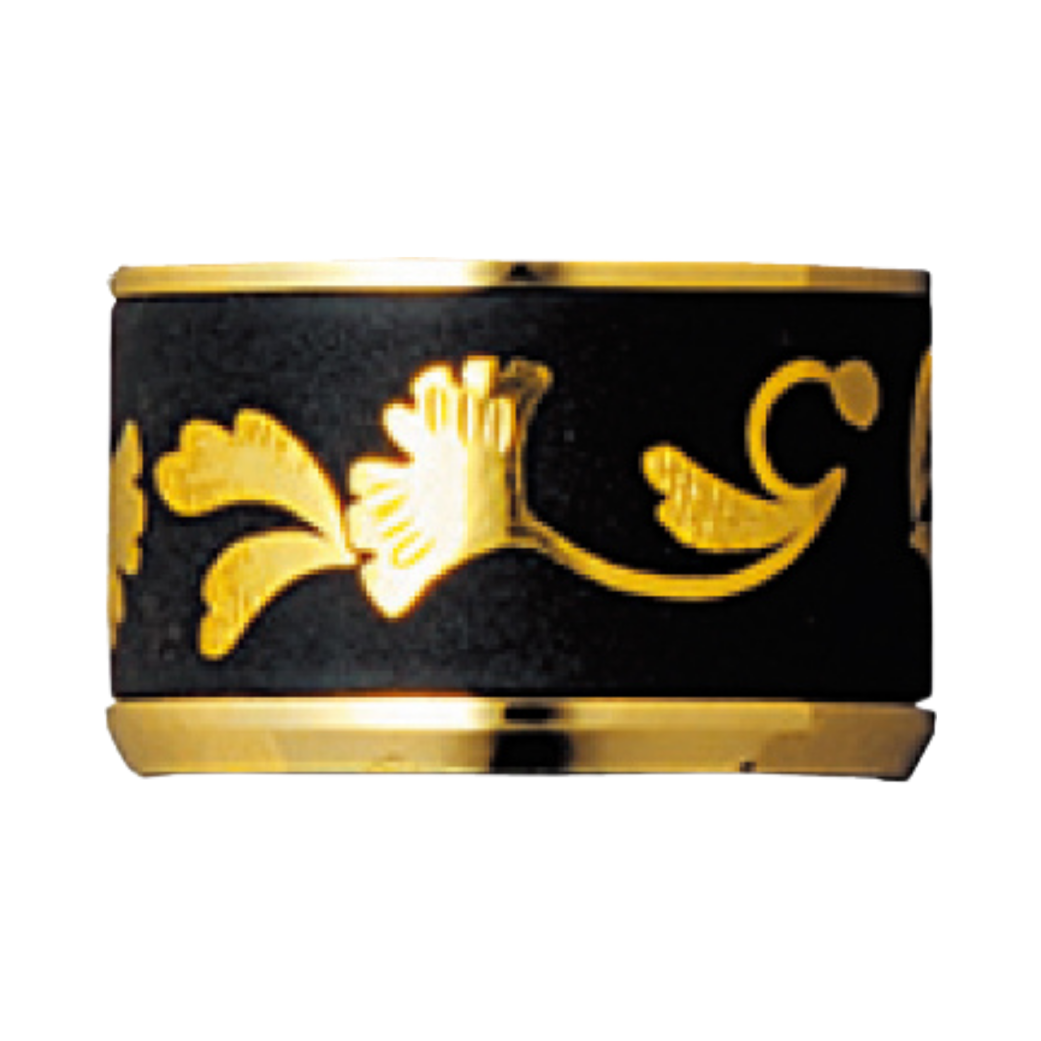 "Pilot Capless Rhodium fountain pen with a matte black body and gold accents, featuring a floral gold band near the cap."