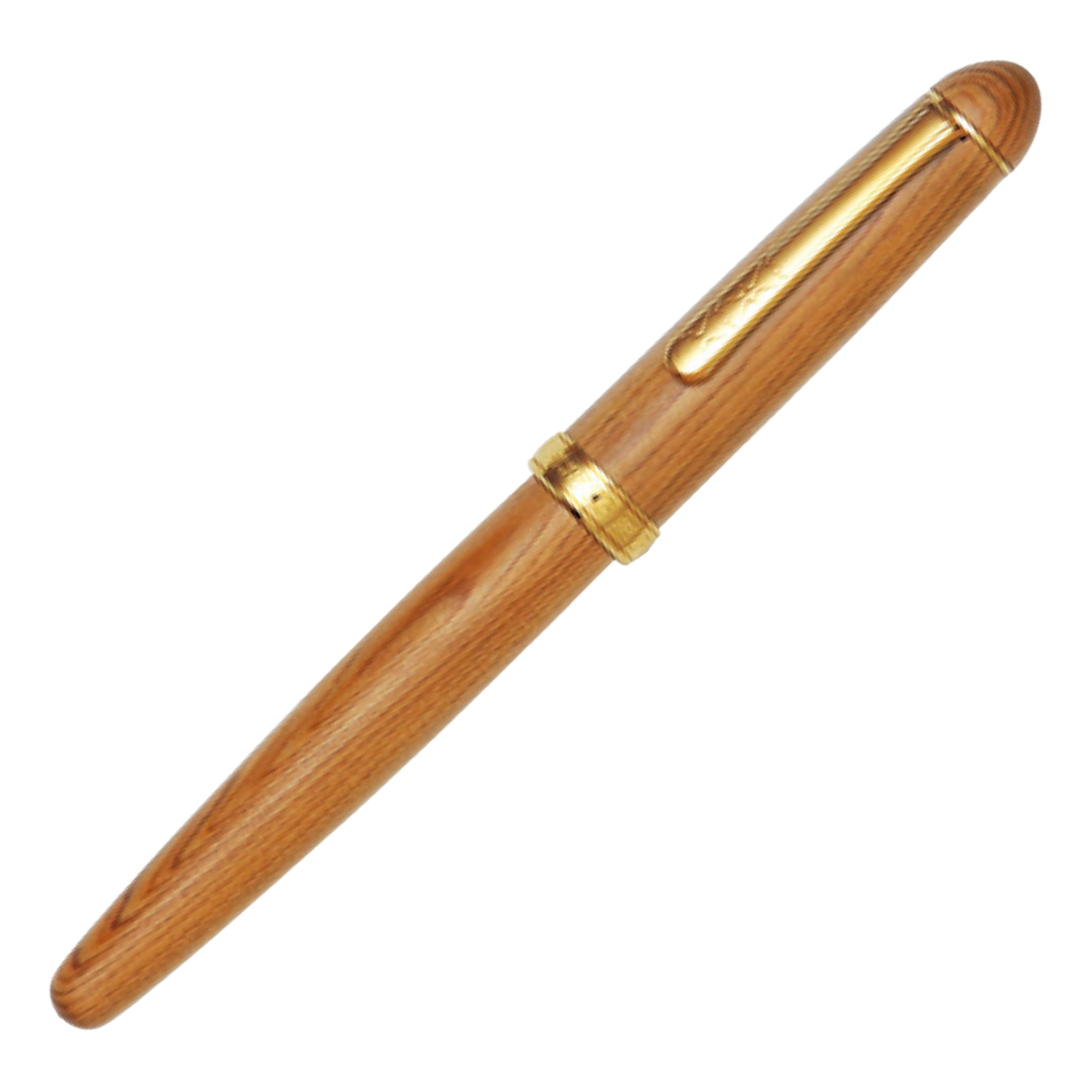 "Pilot Capless fountain pen with a natural wood body and gold accents, featuring a gold band near the cap."