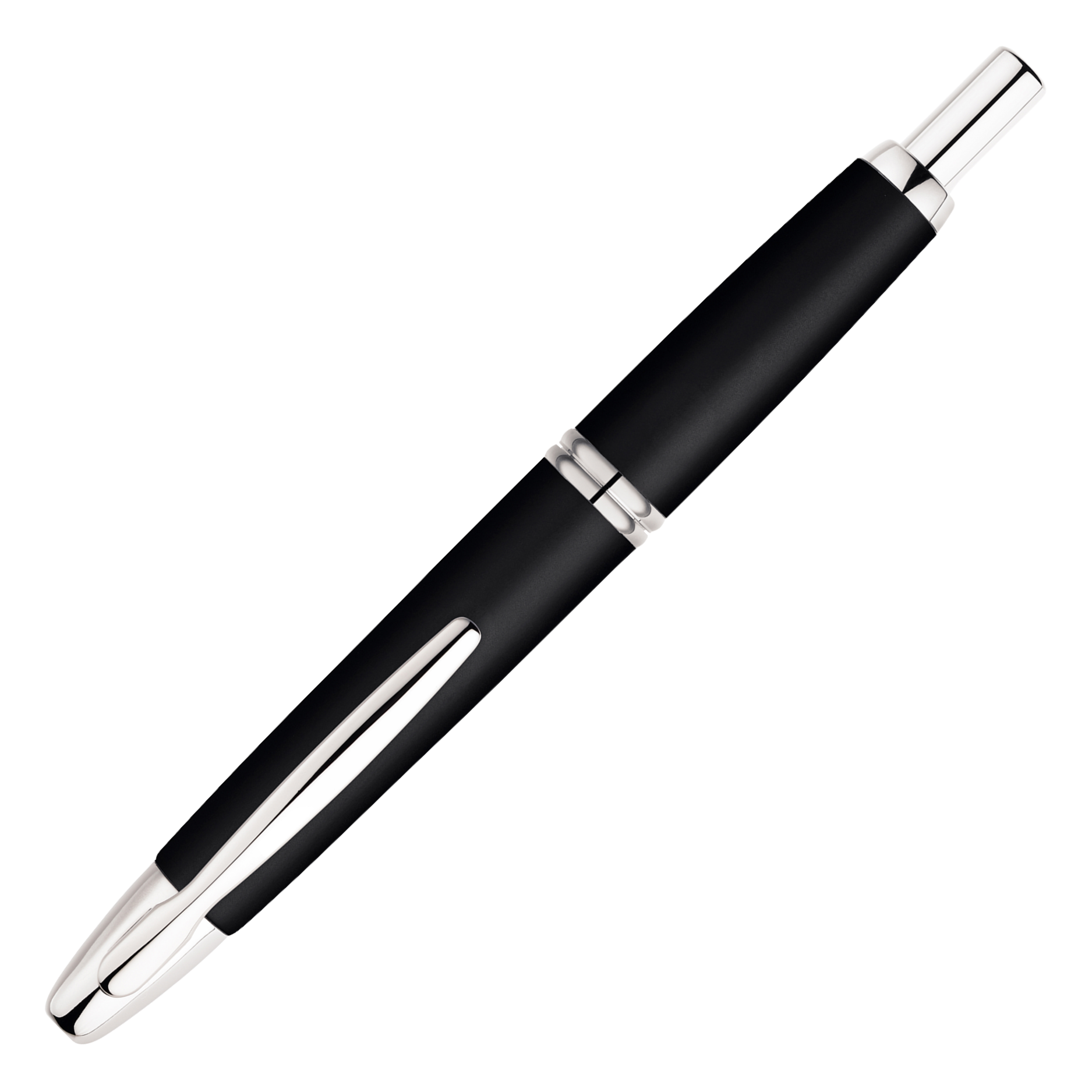 "Pilot Capless Rhodium Füllfederhalter in mattem Schwarz mit Rhodium-Akzenten, 18K Goldfeder und praktischem Klickmechanismus"