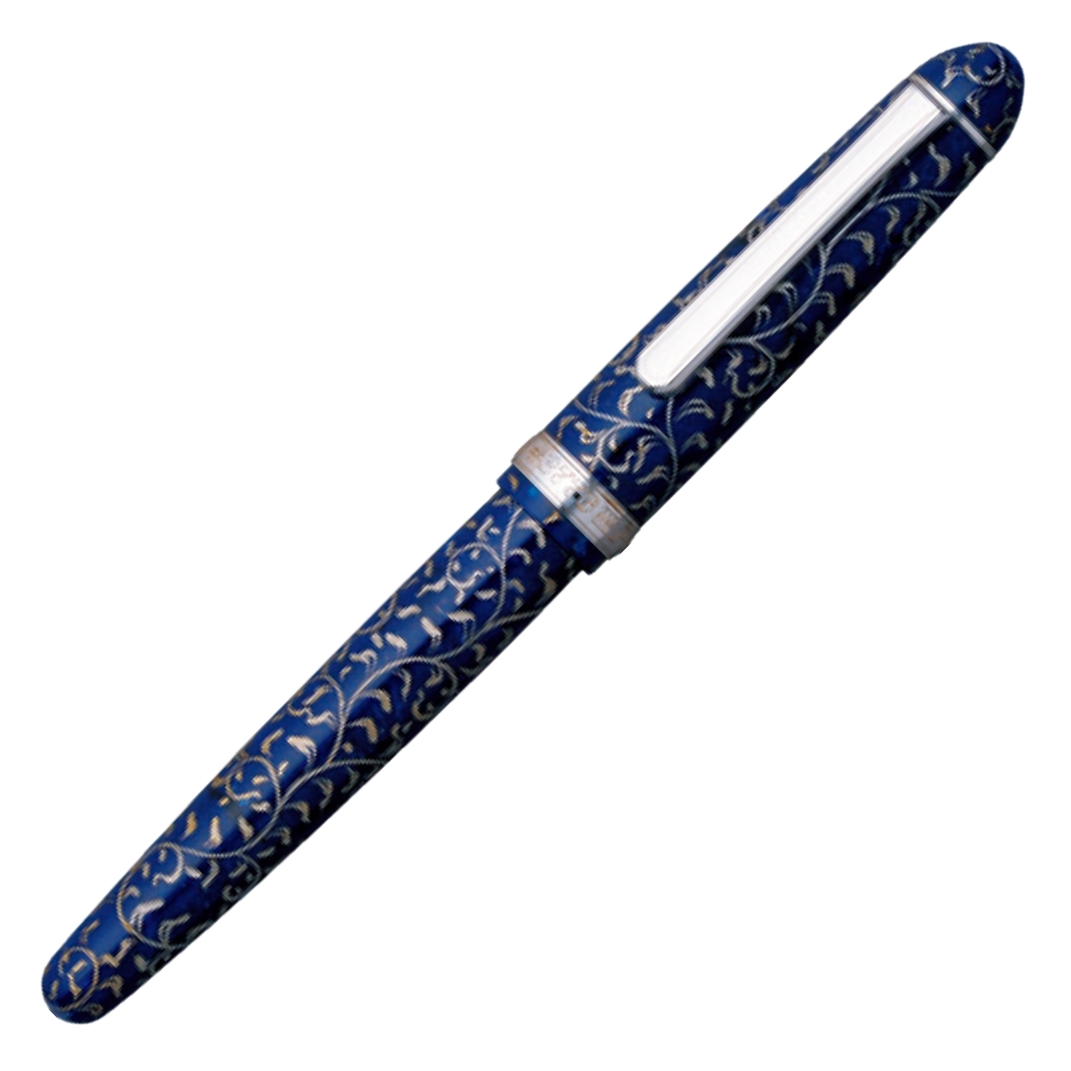 "Pilot Capless fountain pen with a deep blue body featuring intricate silver floral engravings, accented with a silver band near the cap."
