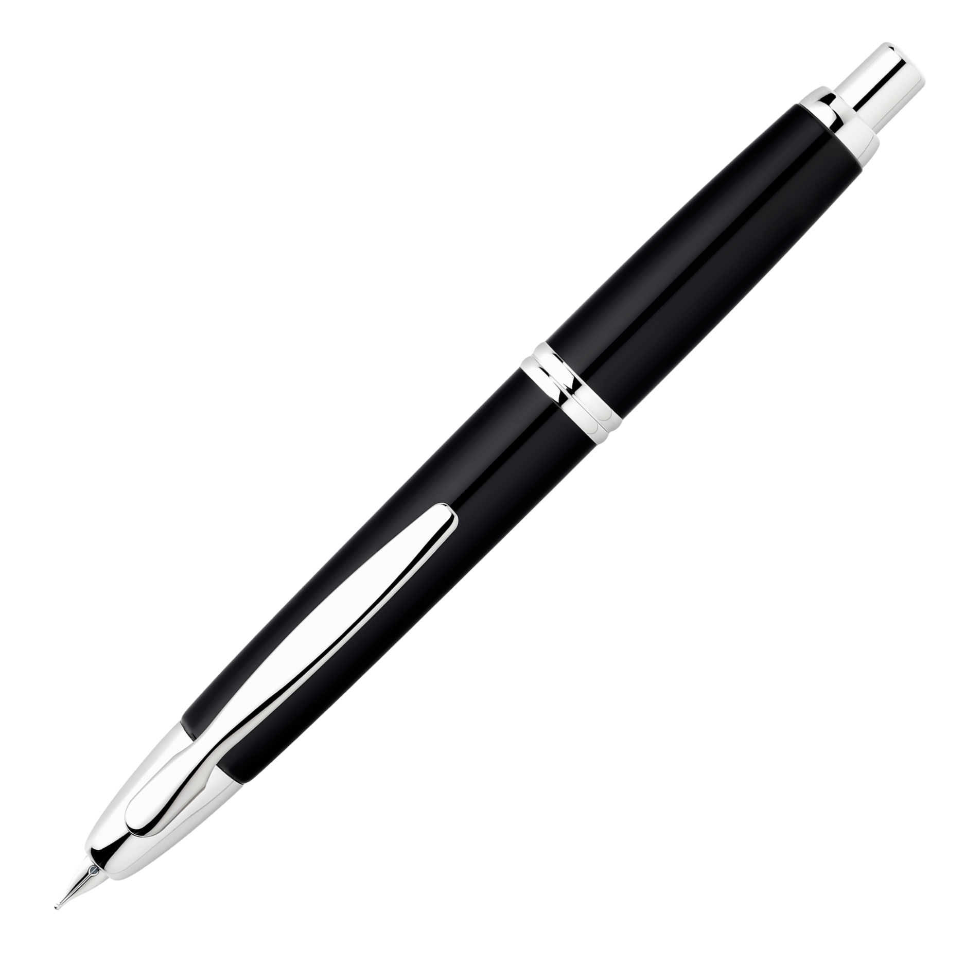 "Pilot Capless Rhodium Füllfederhalter in glänzendem Schwarz mit Rhodium-Akzenten, 18K Goldfeder und praktischem Klickmechanismus"