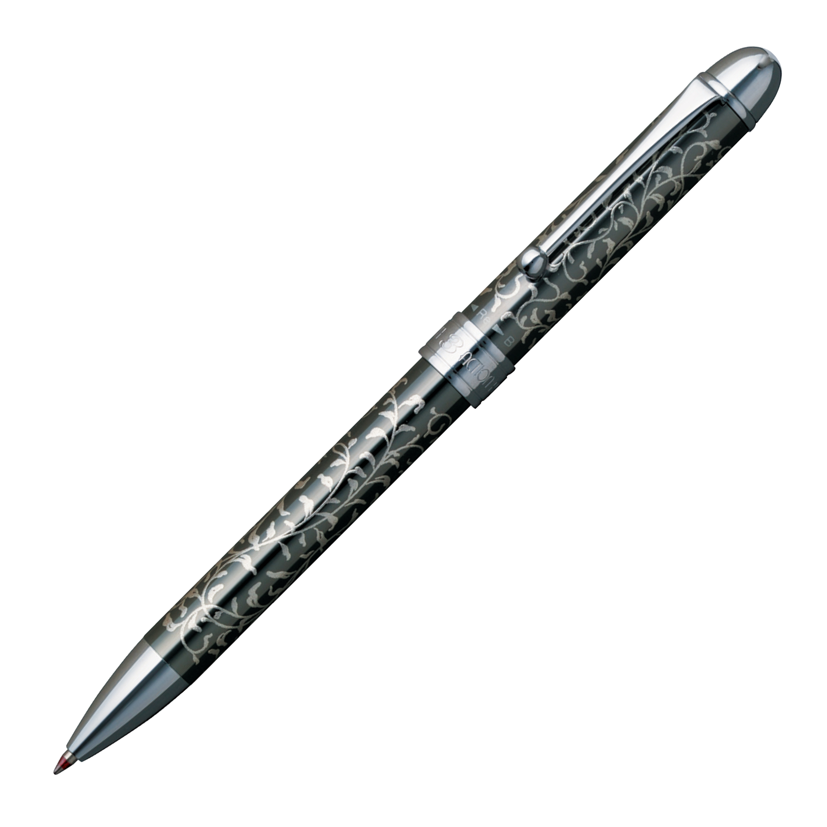 "Pilot ballpoint pen with intricate silver floral engravings on a black body, chrome accents, and a red ink tip."