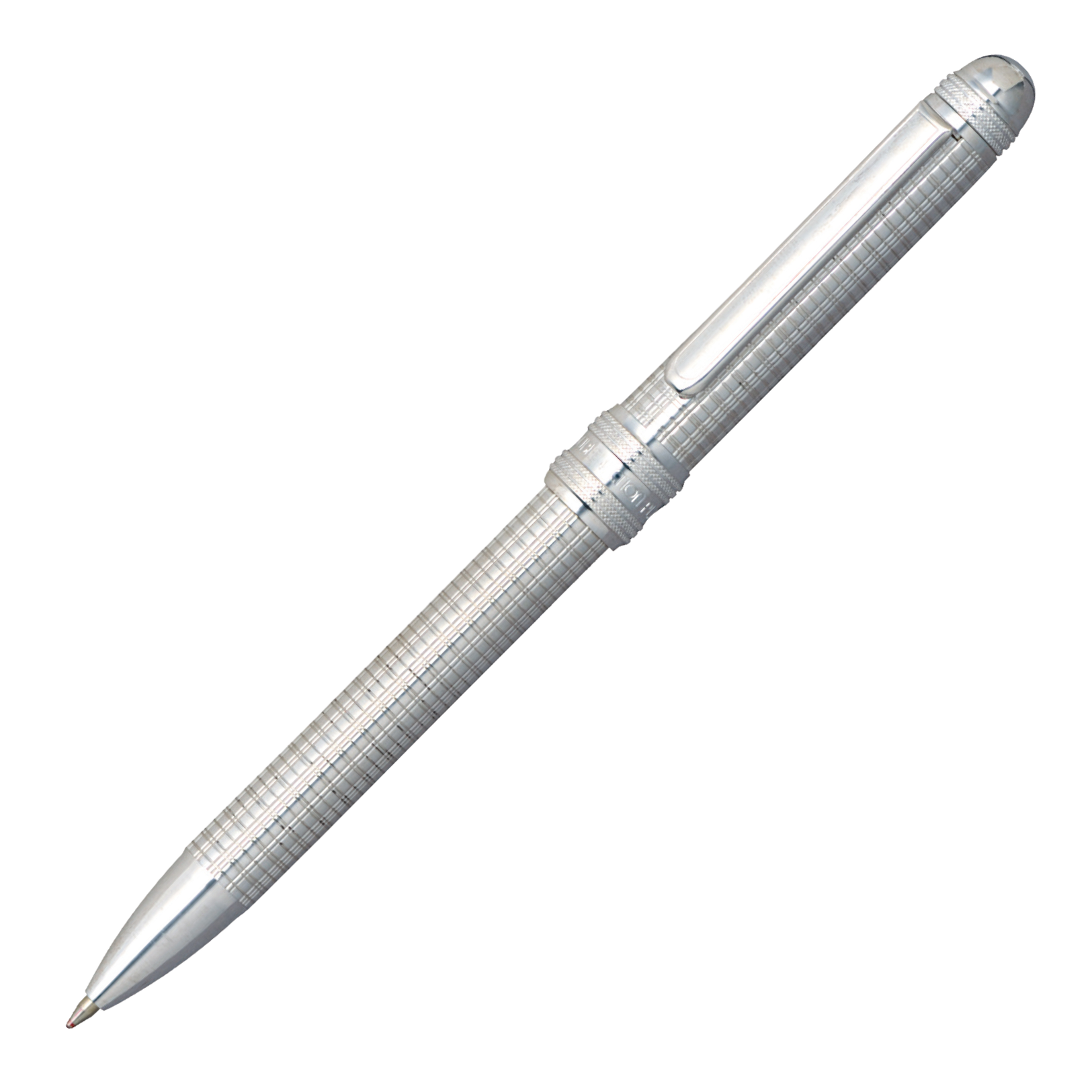 "Pilot ballpoint pen with a sleek silver body featuring a textured pattern, chrome clip, and polished, rounded cap."