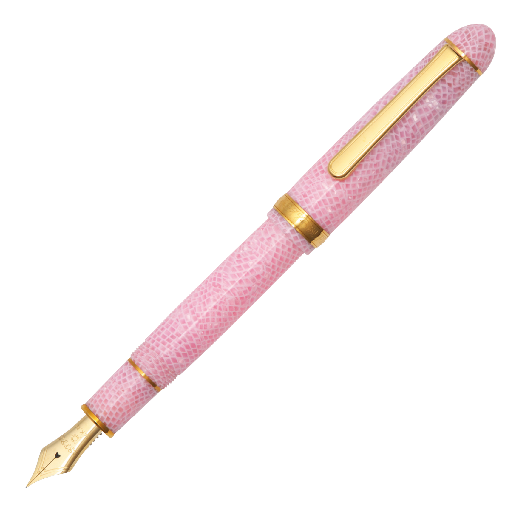 "Rosa Füllfederhalter mit strukturierter Oberfläche, goldenen Akzenten, Clip und Feder."