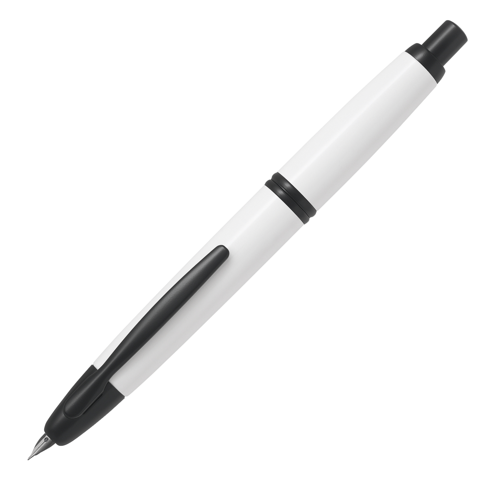 "Pilot Capless Füllfederhalter in Weiß mit schwarzem Clip und 18K Goldfeder, eleganter Klickmechanismus und modernes Design"