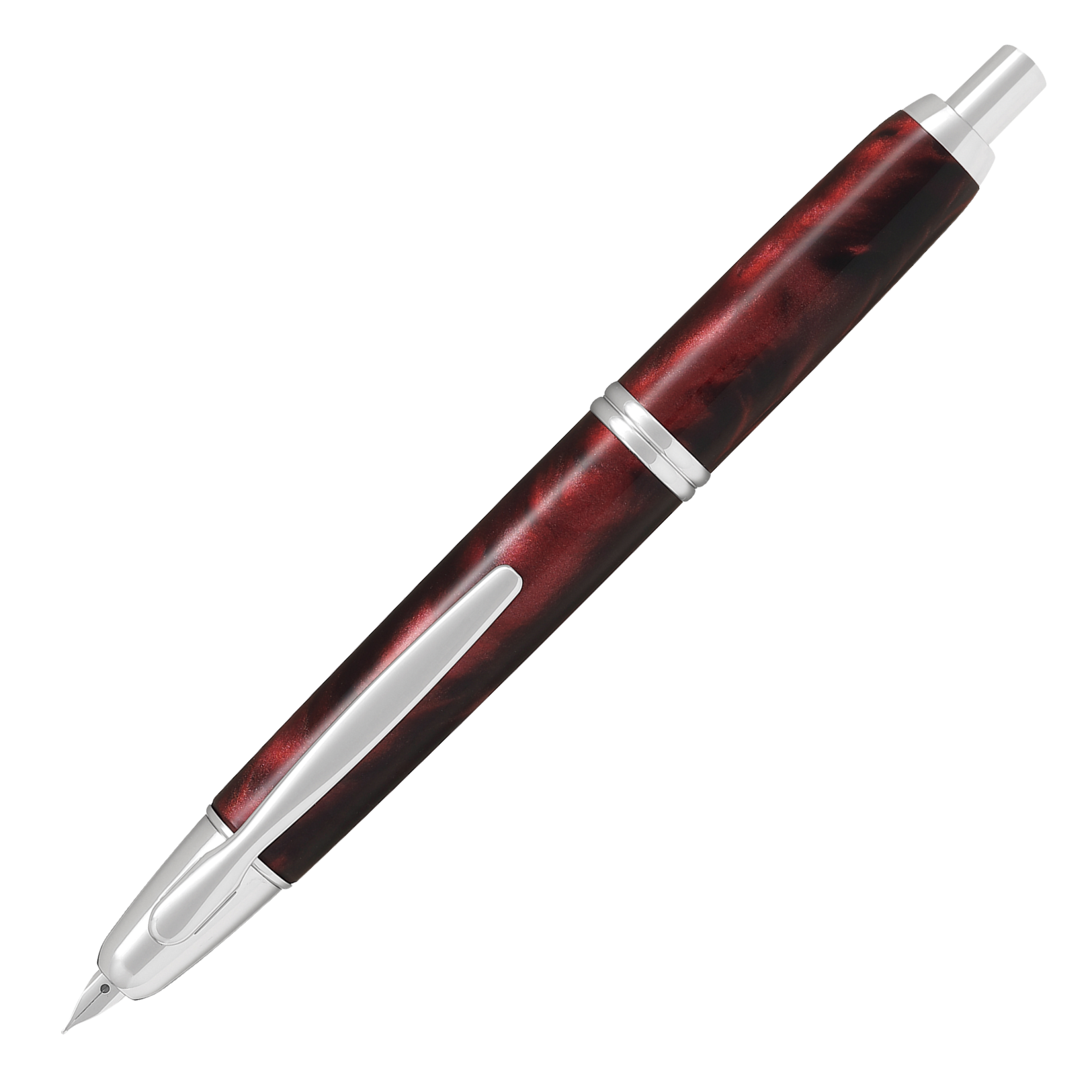 "Pilot Capless Füllfederhalter in Rot mit eleganter Harzoberfläche und silbernen Akzenten, 18K Goldfeder und praktischer Klickmechanismus"