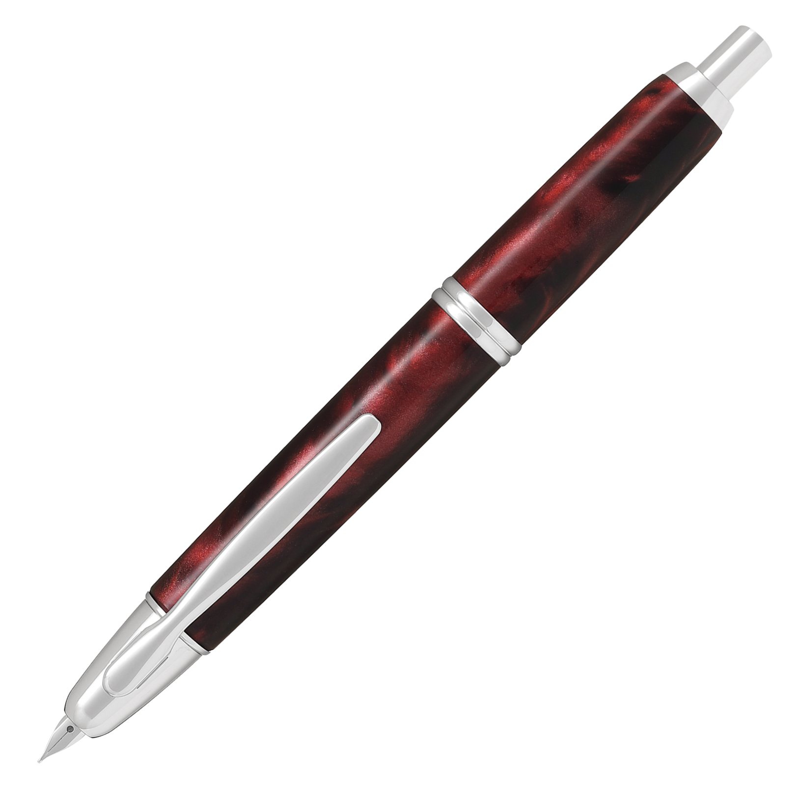 "Pilot Capless Füllfederhalter in Rot mit eleganter Harzoberfläche und silbernen Akzenten, 18K Goldfeder und praktischer Klickmechanismus"