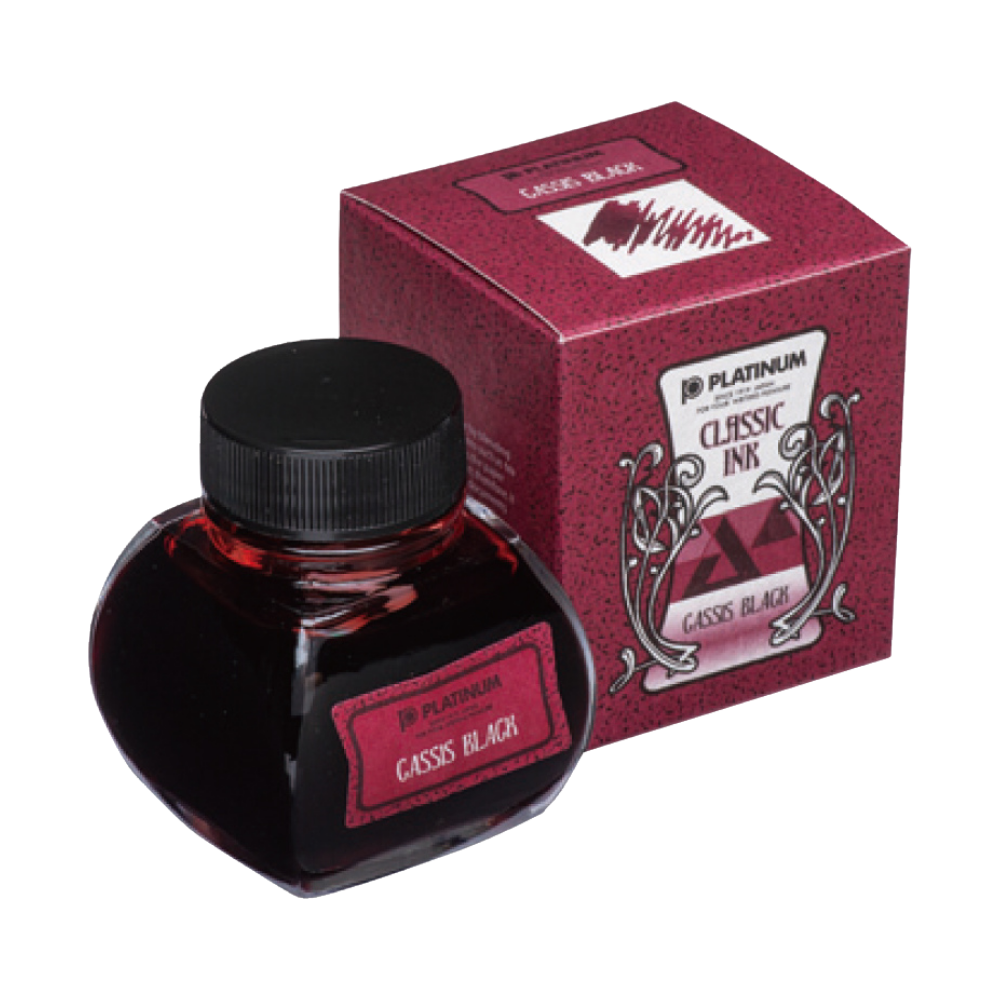 Platinum Classic Ink 60ml Cassis Black in Glasflasche, wasserbeständige Tinte in tiefem Schwarz-Rot für Füllfederhalter.