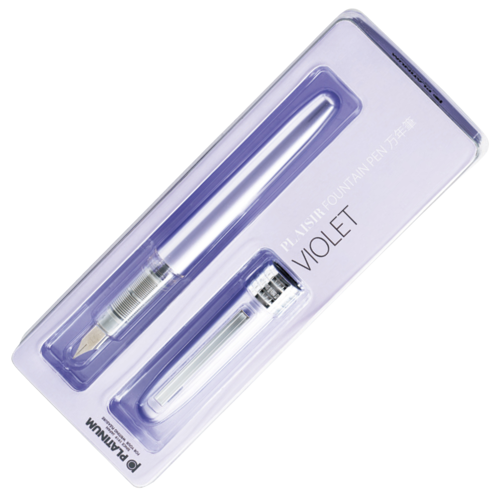 Platinum Plaisir - G Pack Violet Füllfederhalter in Violett mit silbernen Akzenten und feiner Stahlfeder, geliefert in einer Geschenkbox.