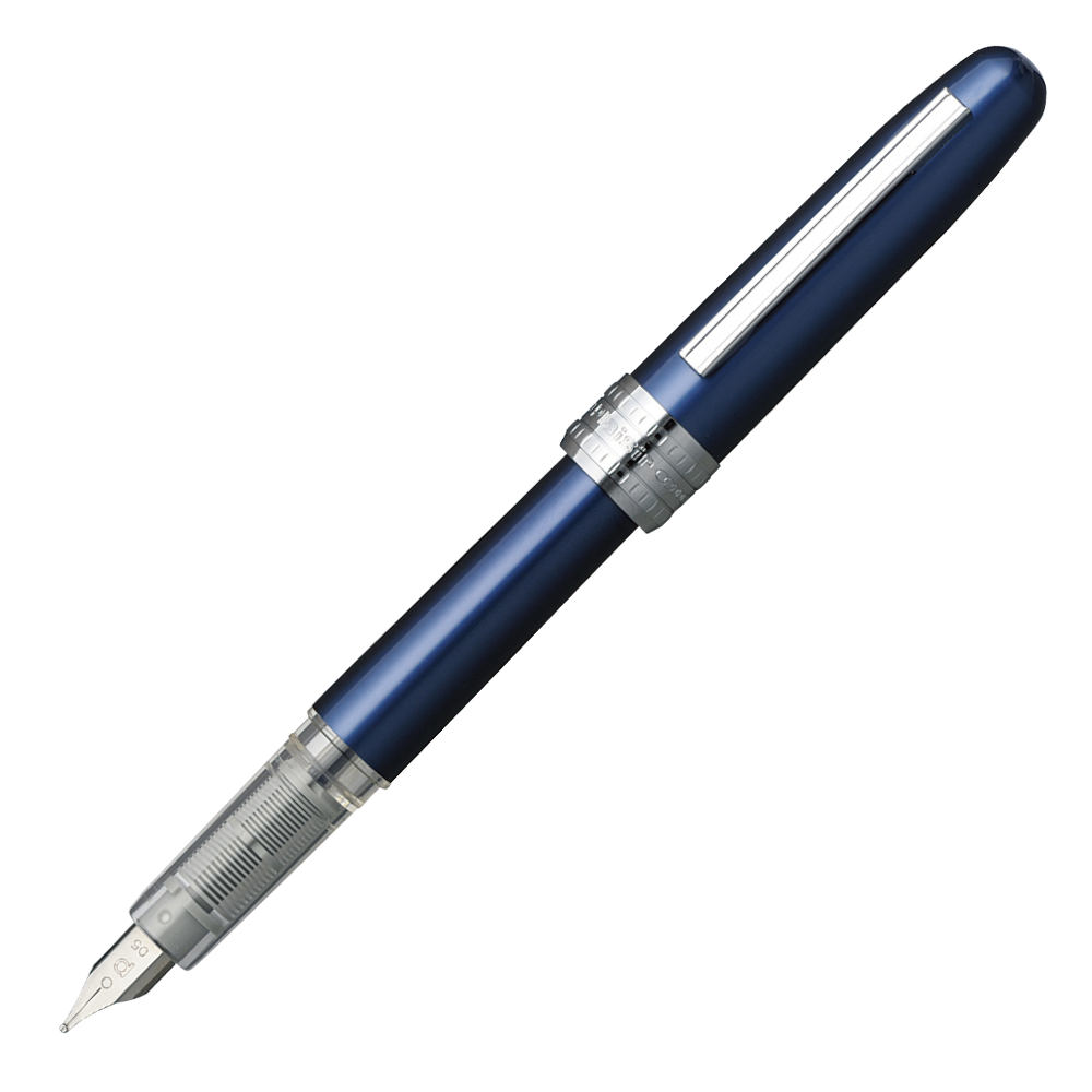 Platinum Plaisir Blue Füllfederhalter in Dunkelblau mit silbernen Akzenten und feiner Stahlfeder.