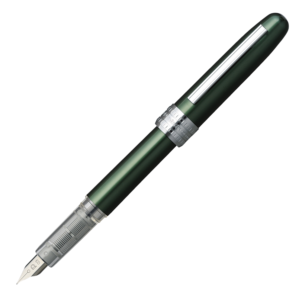 Platinum Plaisir Green Füllfederhalter in Dunkelgrün mit silbernen Akzenten und feiner Stahlfeder.