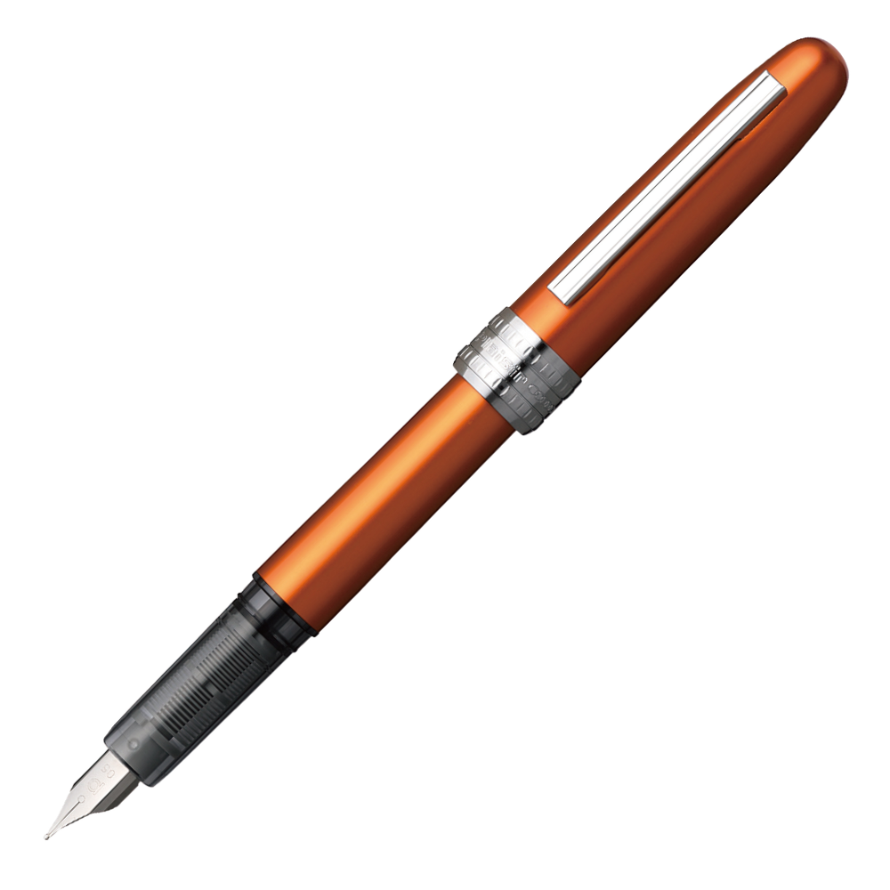 Platinum Plaisir Nova Orange Füllfederhalter in leuchtendem Orange mit silbernen Akzenten und feiner Stahlfeder.